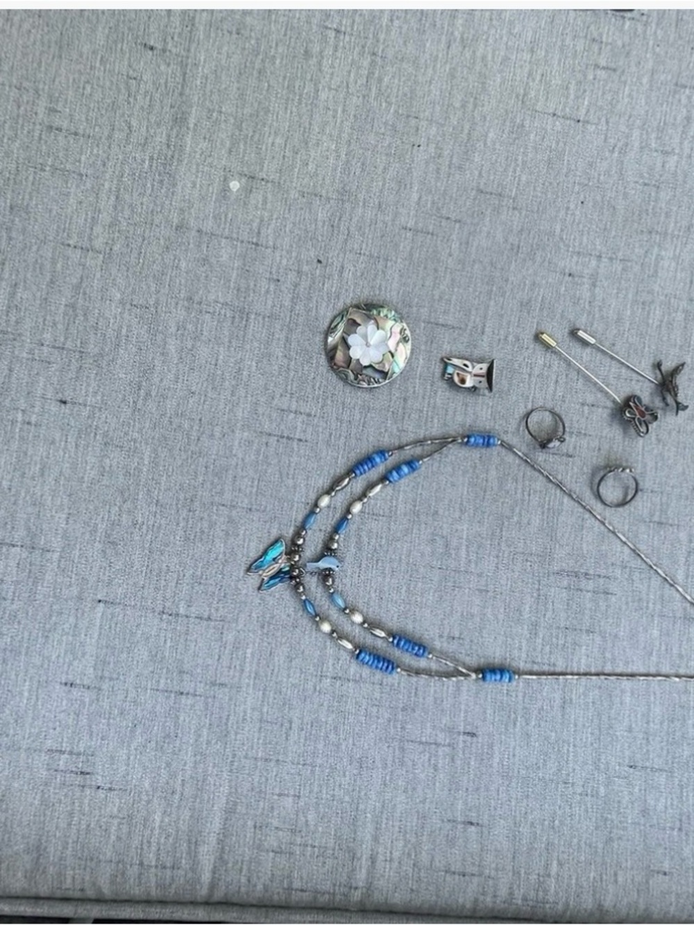 Blue Beaded Triple-Strand Necklace - Unbranded 7 pieces of sterling and abalone